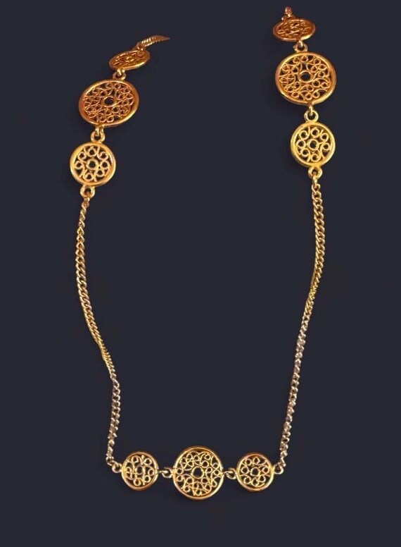 Signed Avon Filigree Station Necklace Vintage Gold Tone Medallion Curb Chain 1970s Boho Chic Layering Retro Designer Boutique Gift View 4