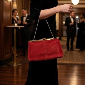 Vintage 1950s Red Suede Etta Evening Bag Gold Frame Chain Shoulder Purse Genuine Leather Interior Retro Mid Century Wedding Party Bag