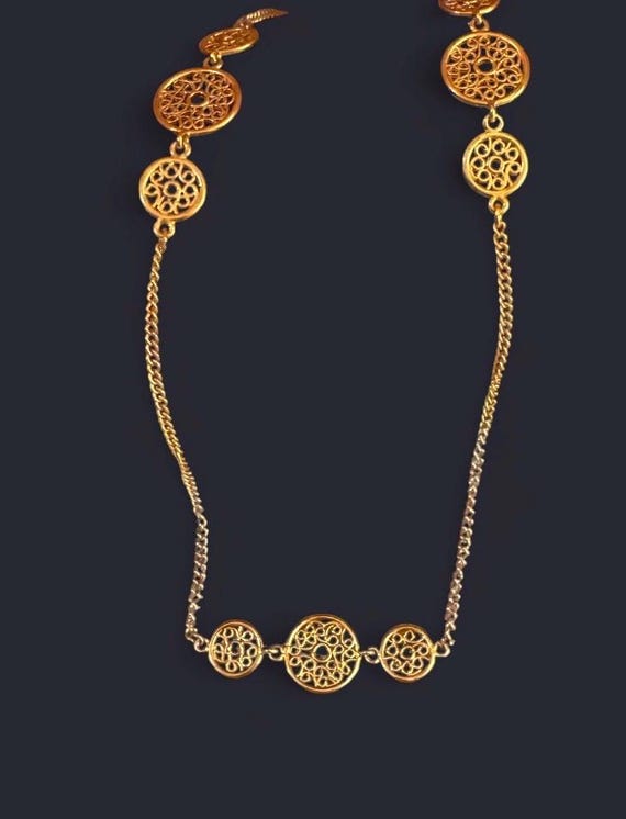 Signed Avon Filigree Station Necklace Vintage Gold Tone Medallion Curb Chain 1970s Boho Chic Layering Retro Designer Boutique Gift View 2
