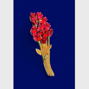 Vintage DM Gems Dozen Red Roses Brooch MCM Red Enamel Gold Tone Metal Pin Signed Retro Mid Century Jewelry Romantic Floral Statement Gift