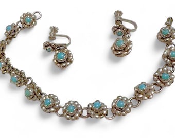 Parure de bijoux vintage turquoise en argent sterling, bracelet floral et boucles d'oreilles MCM, accessoire de style sud-ouest de l'île, cadeau tendance artisanal bohème