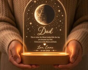 Personalized Moon Lamp, Father's Day Gift For Dad, Custom Moon Phase Night Light, Acrylic LED Lamp, Dad Keepsake