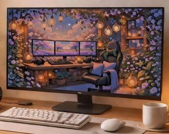 Geanimeerde Lofi Gaming Room Achtergrond – Lavendel-Paars Desktop Live Wallpaper voor Streaming (MP4 & PNG)