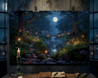 Dark Academia Forest poster, mystieke nacht landschap kunst aan de muur, betoverde maanverlichte bos opgerolde print