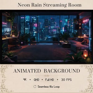 May include: An animated digital background titled Neon Rain Streaming Room featuring a dark room with a large window overlooking a rainy city skyline at night with blue and purple neon lights, a desk setup, and a sofa, labeled 4K, QHD, Full HD, 30 FPS.