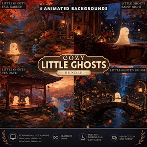 Könnte beinhalten: Ein digitales Paket mit vier animierten Hintergründen namens Cozy Little Ghosts, die kleine weiße Geister in herbstlichen Umgebungen wie einem Garten, einer regnerischen Nacht, einer Teestunde und einer Brücke zeigen, inklusive Auflösungsdetails.