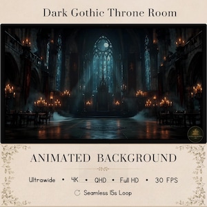Pode incluir: Um fundo animado intitulado Dark Gothic Throne Room apresentando uma ilustração digital de um grande salão com um trono central, janelas altas em arco e candelabros brilhantes. O texto inclui Ultrawide, 4K, QHD, Full HD, 30 FPS e Seamless 15s Loop.