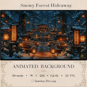 Könnte beinhalten: Ein animierter Hintergrund mit dem Titel Snowy Forest Hideaway, der einen Holzweg zu einem leuchtenden Tempel in einem verschneiten Wald zeigt. Zwei Holzschilder mit japanischem Text werden von warmen orangefarbenen Laternen beleuchtet.