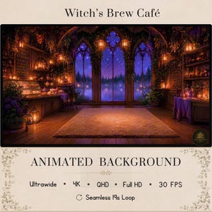Puede incluir: Un fondo animado titulado Witch's Brew Café que muestra una habitación con estantes de madera, plantas colgantes y grandes ventanas arqueadas con vistas a un cielo estrellado y un bosque. Una alfombra beige está en el suelo. Texto: Ultrawide, 4K, QHD, Full HD, 30 FPS, Seamless 19s Loop.
