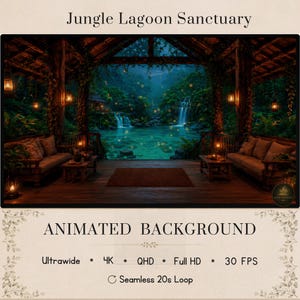 Può includere: Uno sfondo animato intitolato Jungle Lagoon Sanctuary che mostra un padiglione in legno con due divani, tavolini e lanterne sospese che si affacciano su una cascata e una laguna tropicali. Testo: Ultrawide, 4K, QHD, Full HD, 30 FPS, Seamless 20s Loop.