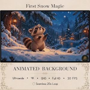 Könnte beinhalten: Ein animierter Hintergrund mit dem Titel First Snow Magic, der einen kleinen Waschbären in einem verschneiten Wald bei Nacht zeigt. Die Szene enthält leuchtende Laternen, schneebedeckte Tannen und einen Fluss. Text: ANIMATED BACKGROUND, Ultrawide, 4K, QHD, Full HD, 30 FPS und Seamless 20s Loop.