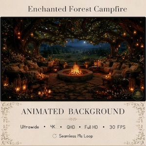 Puede incluir: Un fondo animado titulado Enchanted Forest Campfire que muestra una hoguera de piedra con llamas brillantes, rodeada de árboles oscuros, linternas colgantes y zonas de asientos. El texto incluye Ultrawide, 4K, QHD, Full HD, 30 FPS y Seamless 19s Loop.