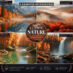 Puede incluir: Un paquete digital de 4 fondos animados titulado Scenic Nature Bundle Autumn Version. La imagen muestra cuatro paisajes otoñales distintos: un lago tranquilo, montañas brumosas, un río cristalino y una cascada serena, todos con follaje naranja vibrante.