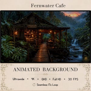 Puede incluir: Un fondo animado titulado Fernwater Cafe que muestra una estructura de madera en una selva tropical con una cascada, plantas, iluminación interior cálida y una pasarela de madera, etiquetado como ultrawide 4K QHD Full HD 30 FPS.