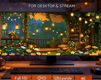 Geanimeerde achtergrond Betoverde Tuin – Gezellige desktopachtergrond met lantaarnverlichting, natuurscène, ontspannende sfeer, Ultrawide 4K