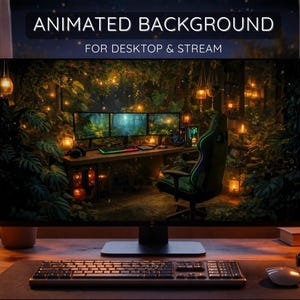 Peut inclure: Un écran d'ordinateur affiche un arrière-plan animé pour le bureau et le streaming. La scène montre une configuration de jeu avec plusieurs moniteurs, une chaise de jeu et un clavier. L'arrière-plan est une forêt verte avec des lanternes suspendues. L'écran propose des résolutions Full HD, QHD et 4K.
