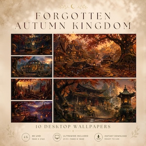 Może przedstawiać: Cyfrowa kolekcja zatytułowana Forgotten Autumn Kingdom zawierająca 10 tapet na pulpit. Obrazy przedstawiają różne fantastyczne krajobrazy z jesiennymi liśćmi, kamienną architekturą, latarniami i scenami wodnymi w formatach 4K UHD i 21:9.