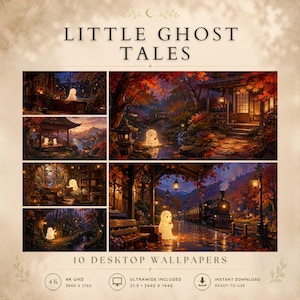 Może przedstawiać: Cyfrowa kolekcja zatytułowana Little Ghost Tales zawierająca 10 tapet na pulpit. Obrazy przedstawiają świecącego białego ducha w różnych jesiennych sceneriach, w tym na stacji kolejowej, w bibliotece i w ogrodzie, w rozdzielczości 4K.