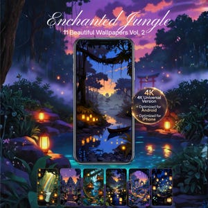 May include: A smartphone displaying a digital art wallpaper of an enchanted jungle scene with a river, lanterns, and a sunset. The image is labeled "Enchanted Jungle" and "11 Beautiful Wallpapers Vol. 2". The phone is surrounded by a lush, natural setting.