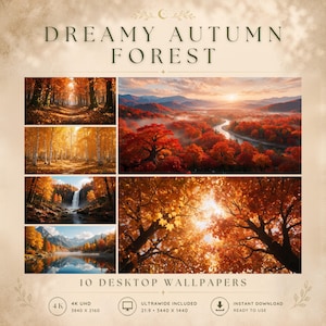 May include: A digital collection titled DREAMY AUTUMN FOREST featuring 10 desktop wallpapers. The display shows various landscapes with orange and red foliage, forests, a waterfall, and a river. Includes 4K UHD 3840 x 2160 and 21:9 3440 x 1440 resolutions.