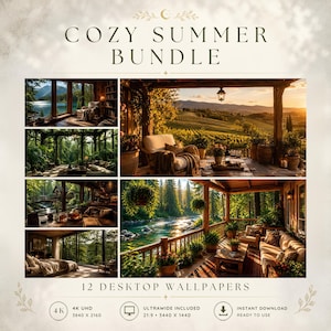 May include: A digital collection titled COZY SUMMER BUNDLE featuring 12 desktop wallpapers. The collage displays various scenic views of sunlit forest cabins, riverfront porches, and mountain landscapes. Includes 4K UHD 3840 x 2160 and ultrawide 21:9 3440 x 1440 resolution options.