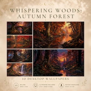 Può includere: Una collezione digitale intitolata Whispering Woods: Autumn Forest che include 10 sfondi per desktop. Le immagini mostrano fogliame autunnale arancione e rosso, ruscelli, ponti in pietra e cascate in formati 4K UHD e 21:9 ultrawide.