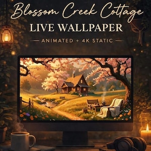 Può includere: Un monitor di computer mostra un paesaggio sereno con un cottage, alberi e un ruscello. Il testo "Blossom Creek Cottage LIVE WALLPAPER" e "Relaxing Desktop Ambience" è visibile. Una tazza di caffè, cuffie e una candela sono sulla scrivania.