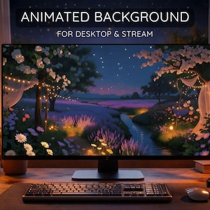 May include: A computer monitor displays an animated background of a nighttime landscape with trees, flowers, and a stream. The text "ANIMATED BACKGROUND FOR DESKTOP & STREAM" is at the top. A keyboard, mouse, and headphones are on the desk.