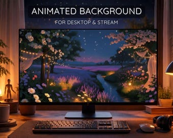 Live wallpaper desktop, geanimeerde gezellige nacht natuurscène, lavendelstroom Esthetische pc-achtergrond, Full HD + 4K
