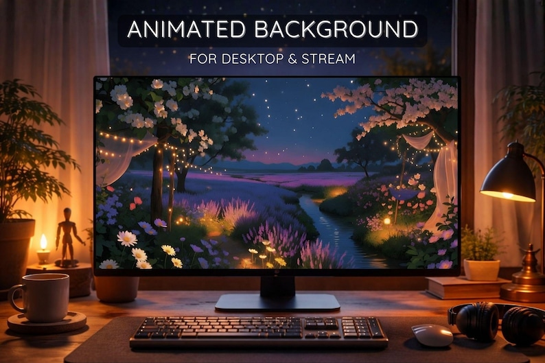 Live Wallpaper Desktop, Animated Cozy Night Nature Scene, Lavender ...