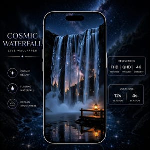 May include: A smartphone displaying a live wallpaper titled COSMIC WATERFALL. The screen shows a waterfall cascading into a dark pool with a glowing lantern on a wooden dock. Text includes RESOLUTIONS FHD 1080x1920, QHD 1440x2560, 4K 2158x3840.