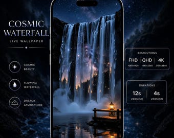 Cosmic Waterfall Live Wallpaper – Surrealistische nachtelijke hemel telefoonachtergrond, geanimeerde achtergrond, dromerige esthetiek, iPhone en Android