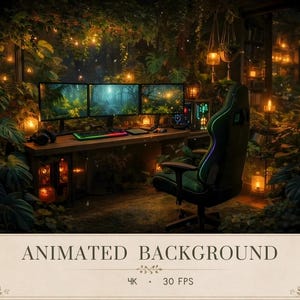 以下が含まれることがあります： 3台のモニター、キーボード、ゲーミングチェアを備えたゲーム環境と、周囲の豊かな観葉植物や温かみのある吊り下げ照明が描かれたアニメーション背景。テキストには「ANIMATED BACKGROUND 4K 30 FPS」と書かれています。