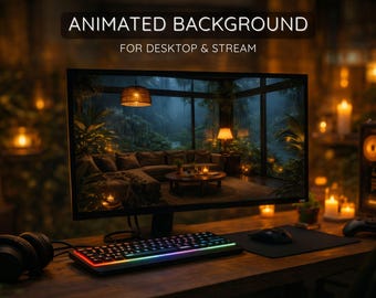 Geanimeerde achtergrond Rainy Forest Cabin voor desktop - Gezellige live-achtergrond, natuurregensfeer, Full HD-video + 4K Static