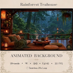 Può includere: Sfondo animato Rainforest Teahouse con terrazza in legno, tavolino basso, set da tè e cuscini da pavimento affacciati su una lussureggiante foresta piovosa con cascata. Testo: Rainforest Teahouse, ANIMATED BACKGROUND, Ultrawide, 4K, QHD, Full HD, 30 FPS, Seamless 20s Loop.