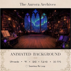 May include: An animated background titled The Aurora Archives featuring a library with tall bookshelves, wooden floors, and a large arched window displaying a night sky with a vibrant aurora borealis over a distant castle silhouette.