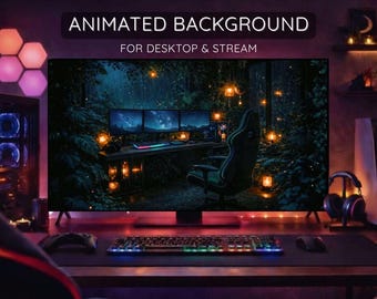 Geanimeerde wallpaper regenbos gaming kamer, cozy desktop achtergrond, donkere nacht regen sfeer, natuur live wallpaper, ontspannen setup