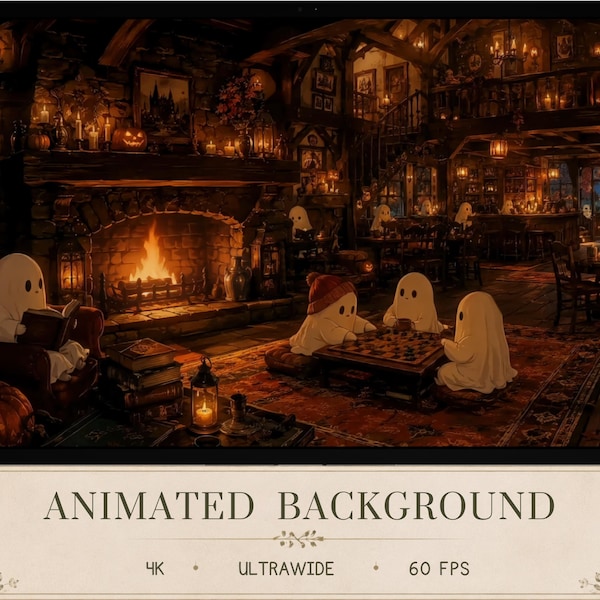 Hallow-Inn Animated Background | Cozy Spooky Digital Halloween Wallpaper | Whimsical Ghosts Stream & TV Background | Ultrawide included