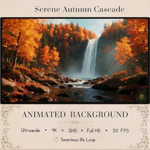 Puede incluir: Un fondo animado titulado Serene Autumn Cascade que muestra una cascada fluyendo hacia un arroyo rodeado de árboles otoñales naranjas y amarillos. El texto incluye Ultrawide, 4K, QHD, Full HD, 30 FPS y Seamless 18s Loop.