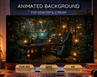 Gezellige gaming-setup Live Wallpaper 4K – Forest Room Ambient bureaubladachtergrond, geanimeerde jungle-setup 60FPS