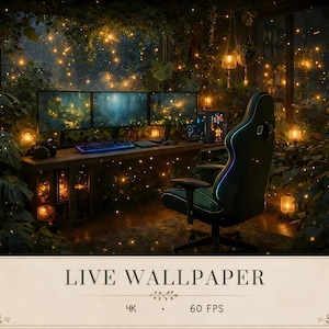 Puede incluir: Una configuración de juego con tres monitores, un teclado y una silla de juego rodeados de follaje verde exuberante y luces brillantes. El texto en la parte inferior dice LIVE WALLPAPER 4K 60 FPS, enmarcado por patrones de hojas decorativas.
