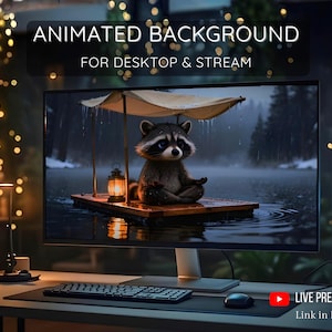 Mapache Acogedor en Bosque Lluvioso – Live Wallpaper Animado para Escritorio y Streaming