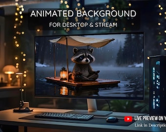 Knusse Wasbeer in Regenachtig Bos – Geanimeerd Live Wallpaper voor Desktop en Stream
