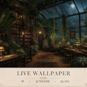 Puede incluir: Un fondo de pantalla animado digital que muestra una biblioteca de invernadero oscura y exuberante por la noche, con estanterías altas, numerosas plantas verdes, lámparas de escritorio de luz cálida, una mesa de madera y techo de cristal.