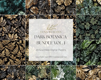 Dark Botanica naadloze digitale papierbundel vol 1-20 Moody Emerald en Gold Monstera-patronen - Commercieel gebruik - 300 DPI bloemmotieven