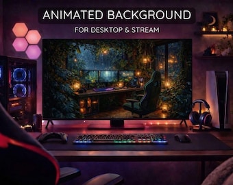 Geanimeerde achtergrond gameruimte Rainy Forest, gezellige bureaubladachtergrond, instellingen streamen