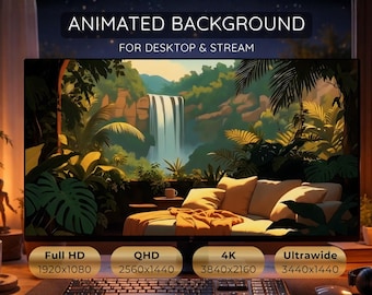 Geanimeerde achtergrond Waterval Jungle - Cosy Lofi Aesthetic bureaubladachtergrond, 4K en ultrabreedbeeld, pc-stoomdeck