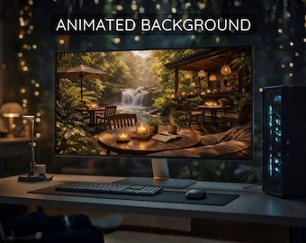 Geanimeerde Cozy Natuur Live Wallpaper – Boscafé Desktop Scene met Waterval en Warme Sfeerverlichting