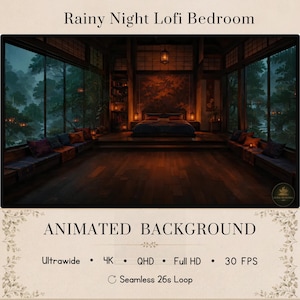 May include: An animated background titled Rainy Night Lofi Bedroom featuring a dark room with a central bed, wooden floors, and large windows overlooking a rainy forest. The text includes Ultrawide, 4K, QHD, Full HD, 30 FPS, and Seamless 26s Loop.