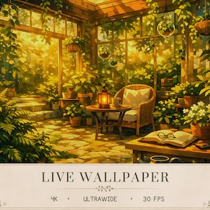 Op de afbeelding: Een digitale illustratie van een zonnig kasinterieur met een rieten stoel, een kleine houten tafel met een lantaarn en mok, potplanten, hangende glazen terrariums en een open boek met een bril, voorzien van het label LIVE WALLPAPER.